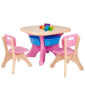 glacer toddler table and chair set - 3 pieces toddler table with 4 storage bins, kids table and chairs ages 3-7, kids table and chairs for reading, drawing, playroom, snack time…