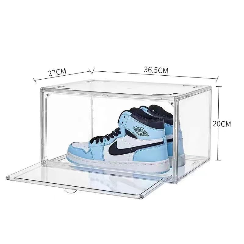 10 Pack Acrylic Ultra Clear Storage Sneaker Shoe Box Stackable Transparent Boxes, Magnetic Door Plastic Sneakerhead Professional Grade Display Case Boot Organizer, Fits US Size 15 Sneakers, Pack of 10