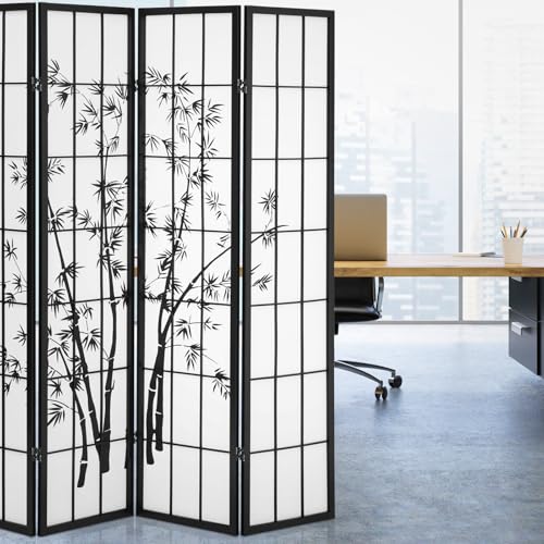 Athena Collection 4 Panel Room Dividers Bamboo Printing Privacy Screen, 5.9ft Japanese Folding Partition Room Divider Portable Freestanding Wood Room Separation Wall for Bedroom Home Office, Black