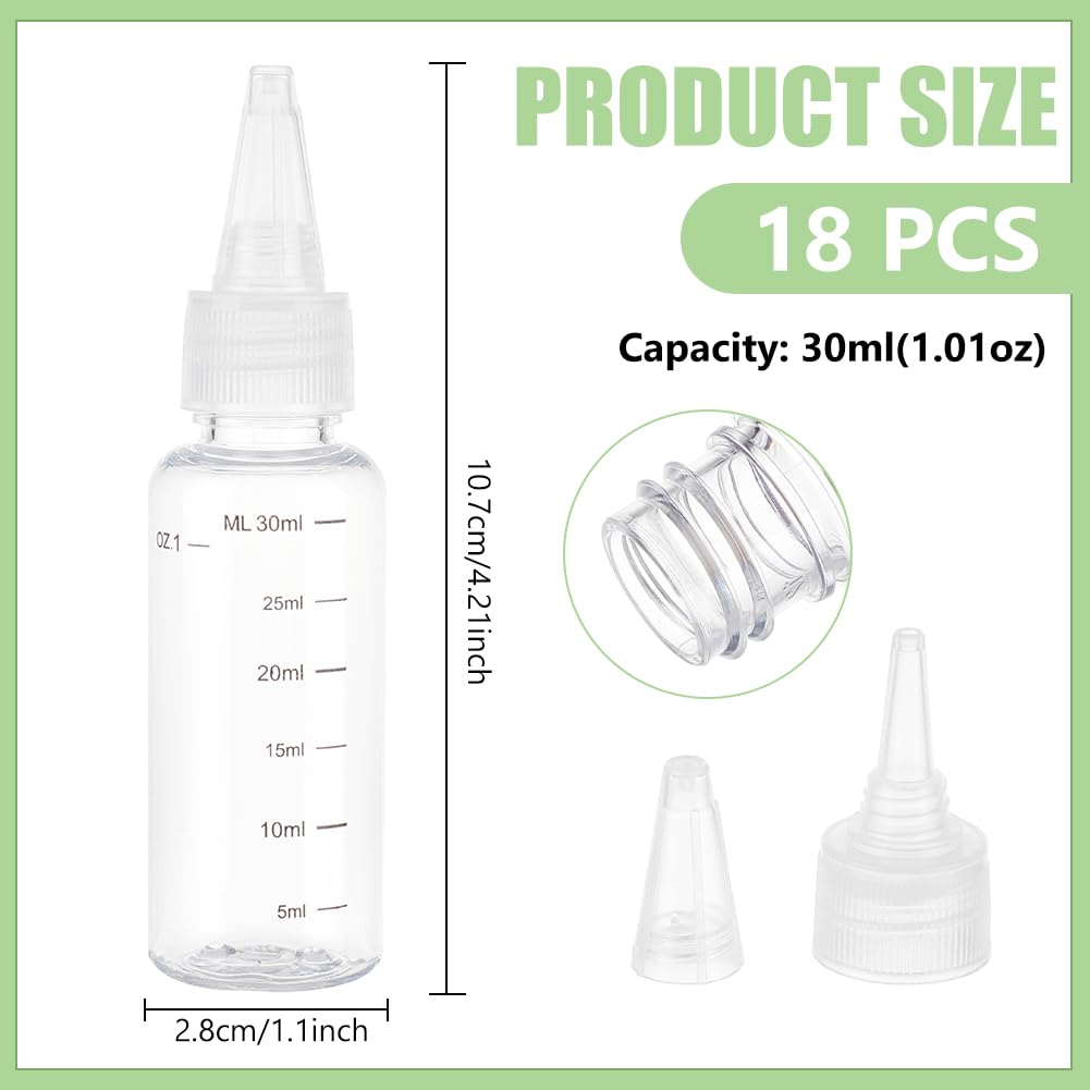 BENECREAT 18Pcs 30ml/1Oz Transparent Plastic Squeeze Bottles with Graduated Squeeze Bottles with White Twist Top Cap Clear Plastic Dispensing Bottle for Ink Liquid, Oils, Gels, Glue