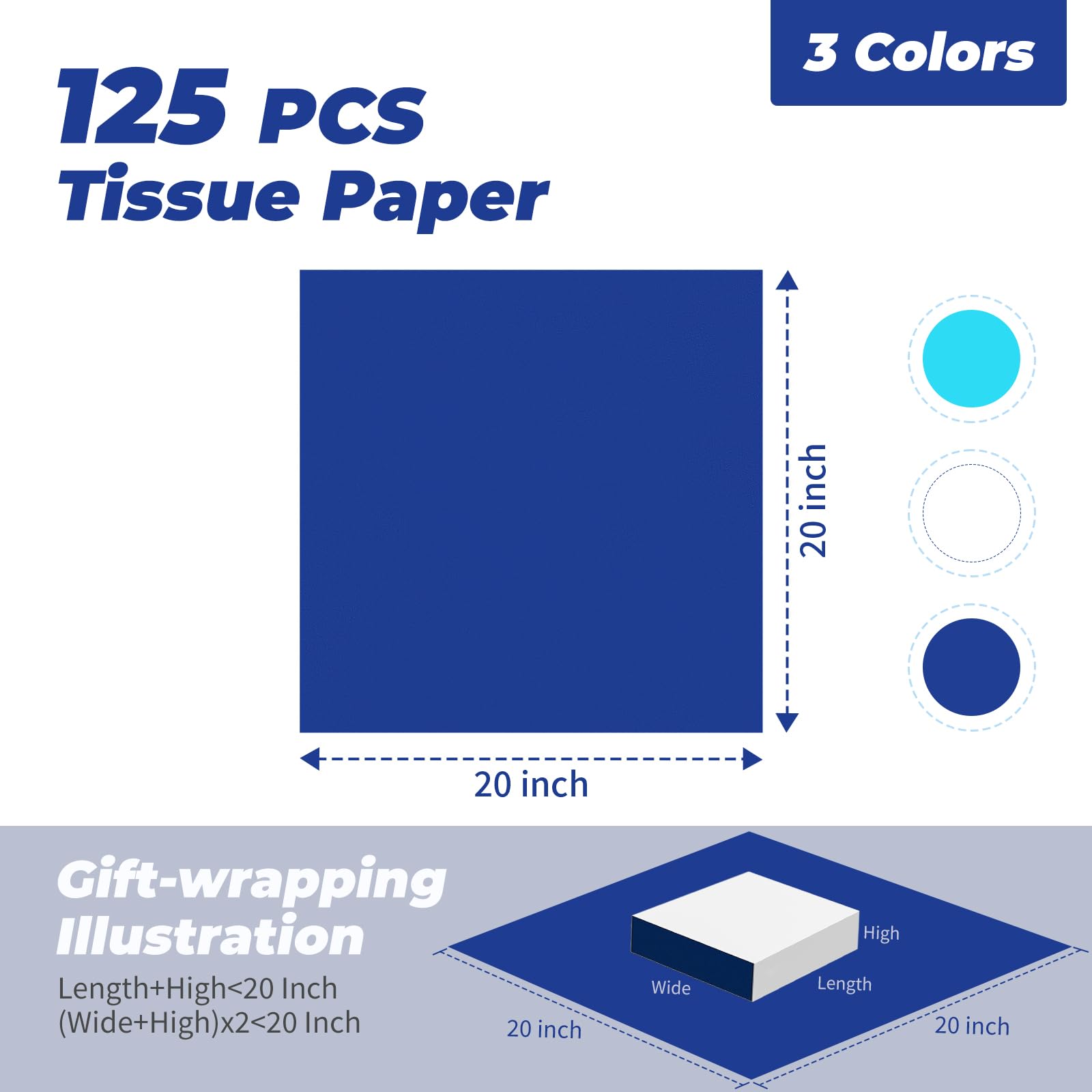 Simetufy Blue Tissue Paper for Gift Bags, 125 Sheets 20 x 20 Inches White Tissue Paper Bulk, Gift Wrapping Tissue Paper for Crafts, Thanksgiving, Hanukkah, Graduations, Christmas, Birthday and Holiday