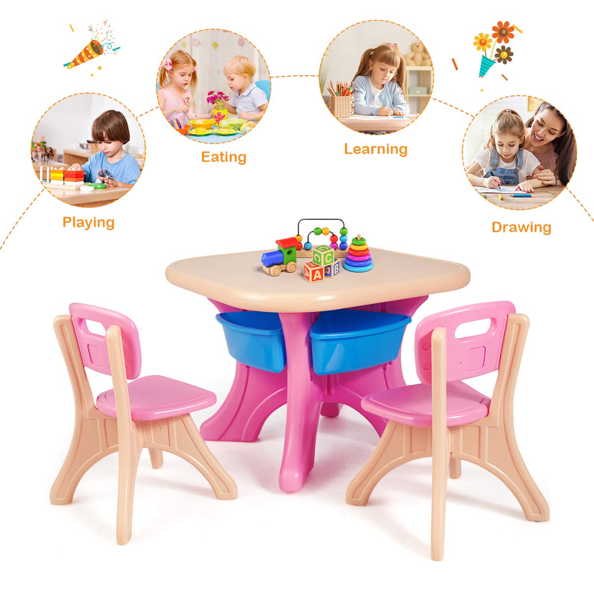 GLACER Toddler Table and Chair Set - 3 Pieces Toddler Table with 4 Storage Bins, Kids Table and Chairs Ages 3-7, Kids Table and Chairs for Reading, Drawing, Playroom, Snack Time…