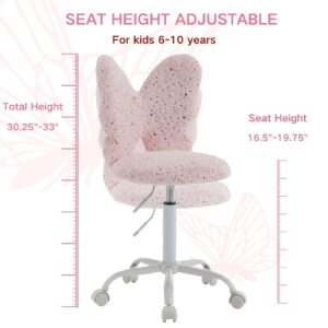 DAYALANE Butterfly Kids Desk Chair with Wheels, Faux Fur Study Chair for Girls, Adjustable Cute Kids Chair Swivel Upholstered Task Chair Rolling Desk Chair for Bedroom/Reading, Pink