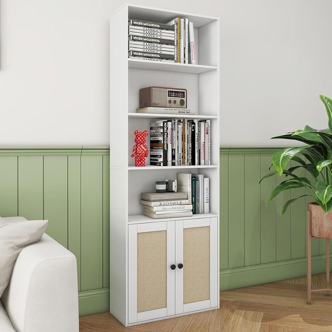 70" Tall Bookcase with Doors, White 5 Tier Large Bookshelf with Cabinet, Standing Wood Display Book Shelf for Living Room, Office, Library with Doors