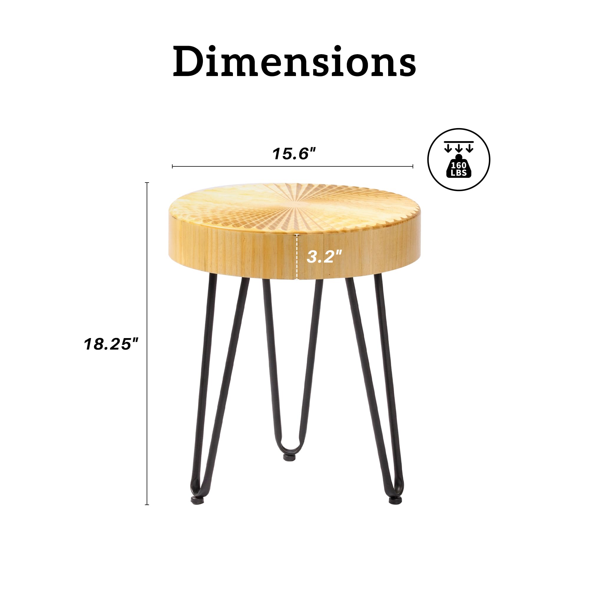 Wood Round Side Table: 15.7" Modern End Table Nightstand with Natural Wood Finish, Metal Frame Legs, Small Bedside Table for Living Room, Bedroom, Farmhouse, Small Spaces (Radial)