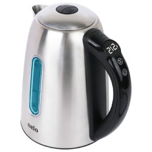 nelo electric kettle with 7 temperature control presets, digital temperature display, multi-colored led indicator lights, stainless steel tea kettle & hot water boiler, 360° base, bpa-free, 1.7 liters