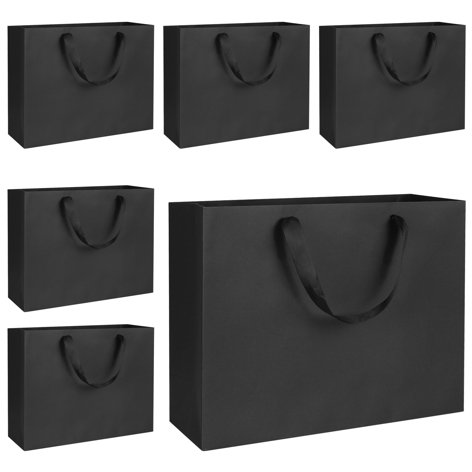 QIELSER 6 Pack Kraft Gift Bags Bulk Large Size, Black Kraft Paper Shopping Bags with Ribbon Handles, Wedding Bags, Party Favor Bags, Retail Bags, Shopping Bags-12.6x4.5x10 Inches