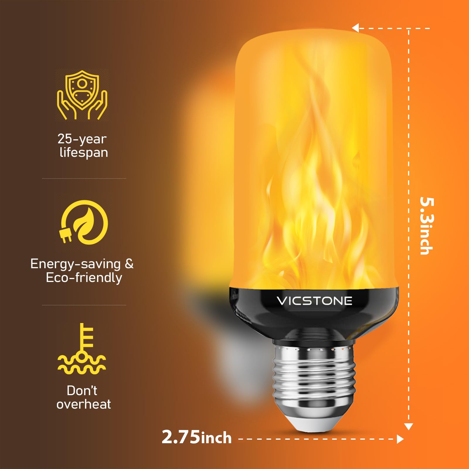 Vicstone Upgraded LED Flame Light Bulbs, 4-Mode Flickering Light Bulbs with Upside Down Effect, E26 27 Fire Light Bulb for Porch Party Patio Home Halloween Christmas Indoor Outdoor, 2 Pack