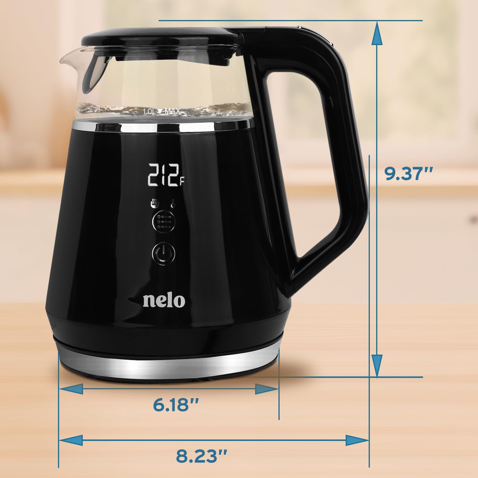 NELO Electric Kettle with 5 Temperature Control Presets, Large Digital Temperature Display, Multi-Colored LED Indicator Lights, Black Tea Kettle & Hot Water Boiler, 360° Base, BPA-Free, 1 Liter