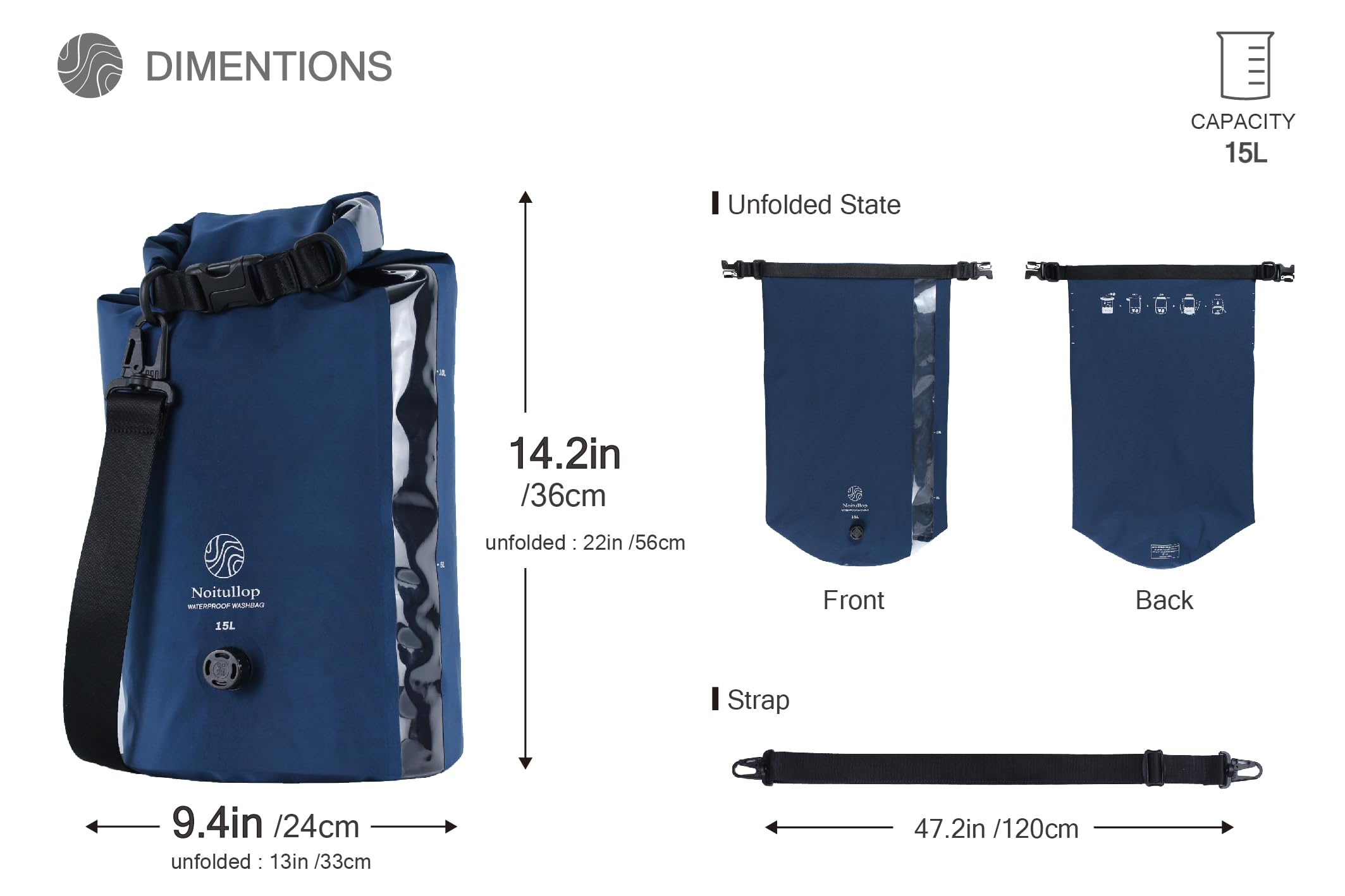 Noitullop Washbag Portable Washing Machine - 15L Fully Waterproof Dry Bag - Lightweight Compact Nylon Washing Machine - Portable Manual Clothes Washer Laundry Bag (Navy)