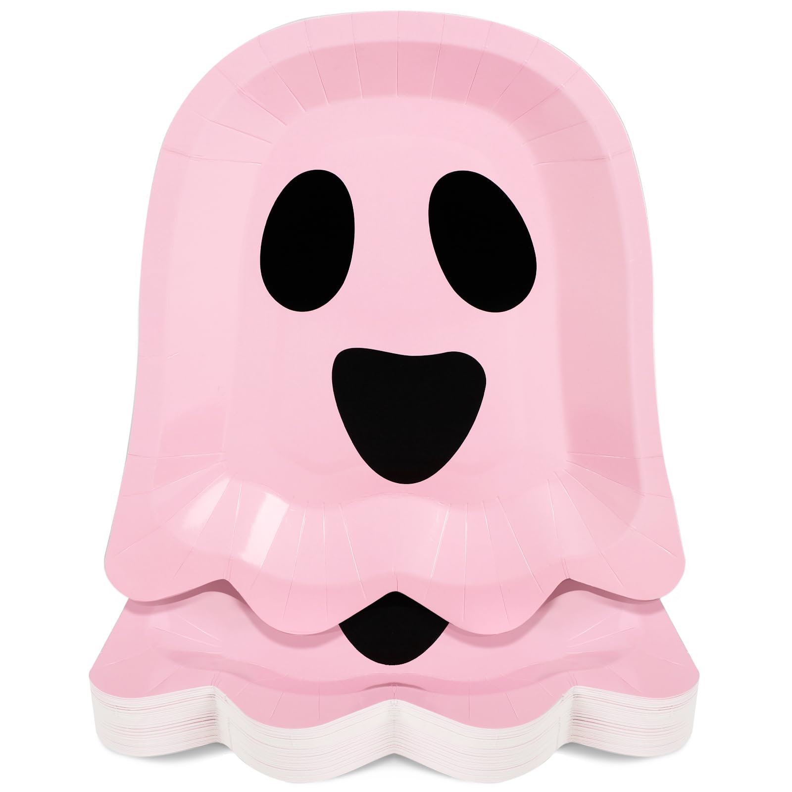 TWOWYHI 50Pcs Halloween Pink Ghost Paper Plates Disposable Pink Ghost Shaped Dessert Dinner Plates for Halloween Themed Party 9.4 x 8.2 Inch