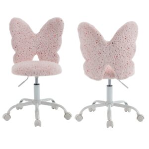 DAYALANE Butterfly Kids Desk Chair with Wheels, Faux Fur Study Chair for Girls, Adjustable Cute Kids Chair Swivel Upholstered Task Chair Rolling Desk Chair for Bedroom/Reading, Pink