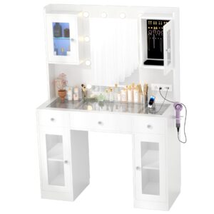 Jaojcoe Makeup Vanity Desk with RGB Lights, Vanity Table with Glass Tabletop & 3 Light Settings & Charging Station, 59inch Large Makeup Vanity for Bedroom