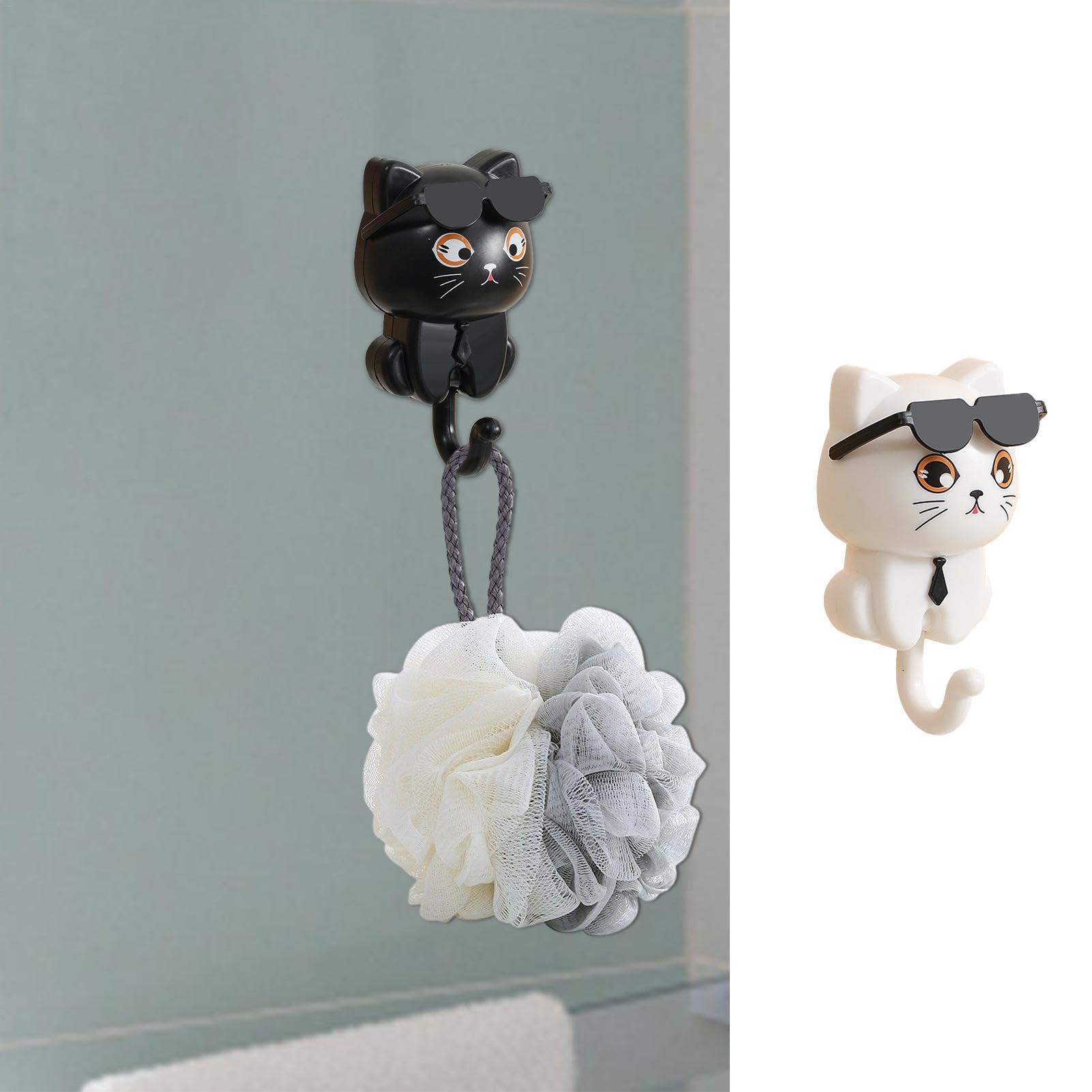 LAFANDE Cute Cat Key Hook, 2 Cartoon Cat in Sunglasses Creative Gra-vity Hook, Adhesive Coat Hooks Key Holder for Wall Decorative, Pet Wall Hooks for Hanging Key, Bag, Hat, Towel