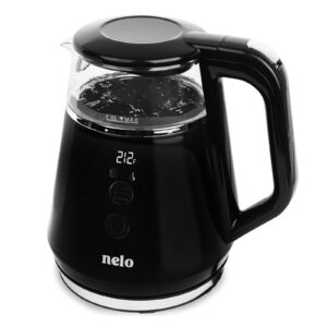 nelo electric kettle with 5 temperature control presets, large digital temperature display, multi-colored led indicator lights, black tea kettle & hot water boiler, 360° base, bpa-free, 1 liter