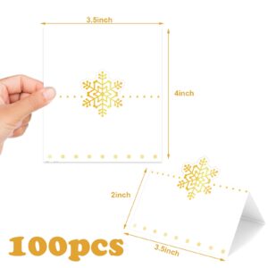 Whaline 100Pcs Christmas Place Cards 3.5 x 2 Inch Gold Snowflake Blank Tented Cards Seating Name Cards for Xmas Winter Party Table Setting Supplies