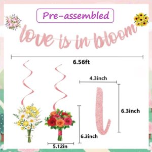 Love is in Bloom Bridal Shower Decorations,Glitter Rose Gold Banner Floral Themed Hanging Swirls for Wedding Shower Party Decor