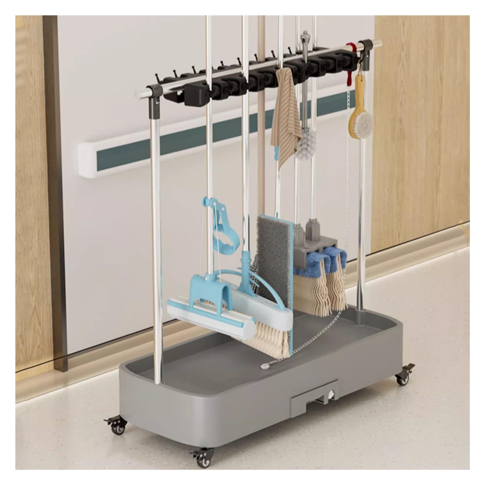 IGZVMBO Commercial Mop Rack, Broom Holder Organizer, Cleaning Caddy On Wheels, Floor-Mounted Mop Bucket, Standing Broom Closet Cabinet