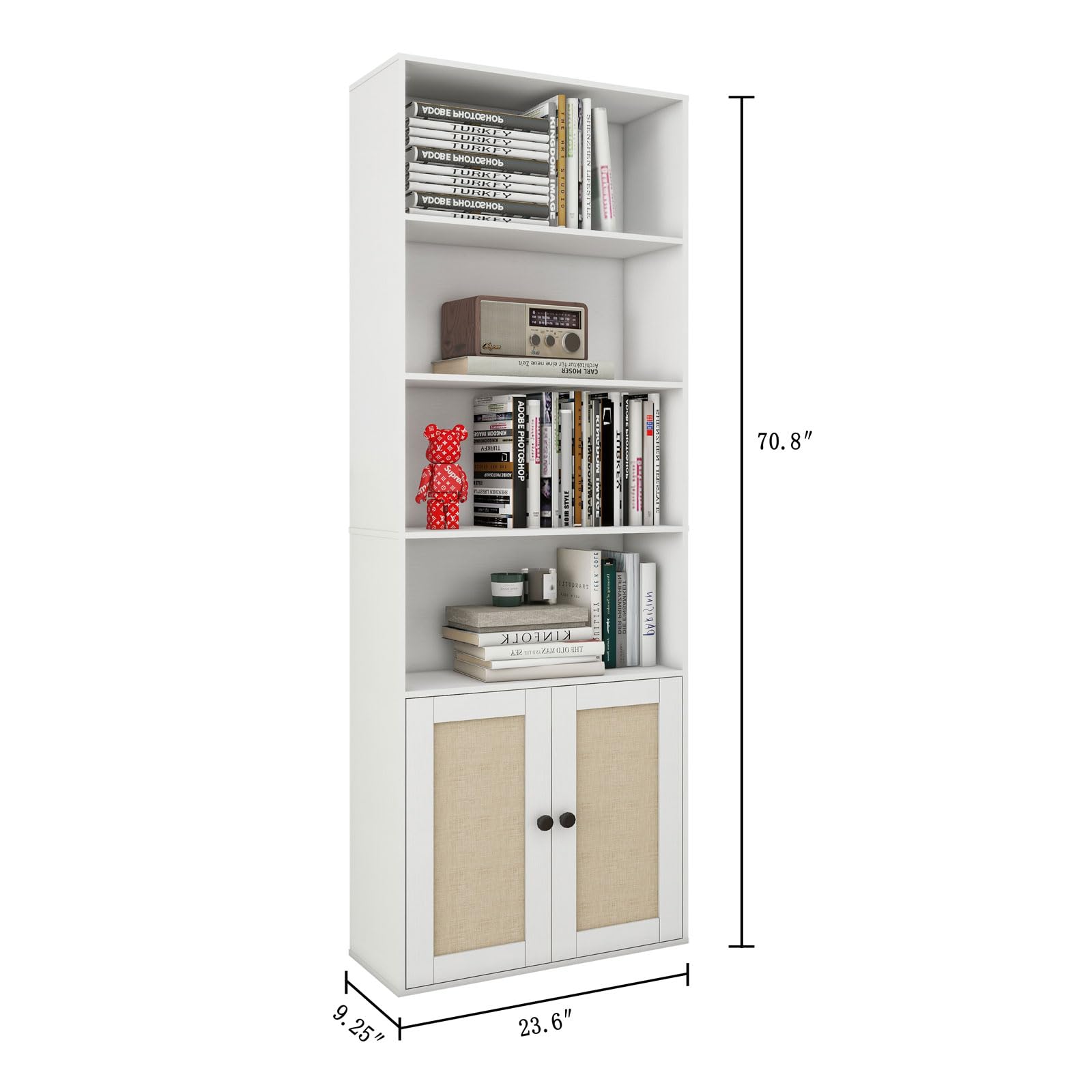 70" Tall Bookcase with Doors, White 5 Tier Large Bookshelf with Cabinet, Standing Wood Display Book Shelf for Living Room, Office, Library with Doors