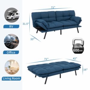 MUUEGM Futon Couch Convertible Memory Foam Sleeper Futon Sofa Bed, Adjustable Backrest Armrest Folding Futon, Modern Fabric Sofa Bed for Living Room, Apartment, Office, Small Room, 71” Blue