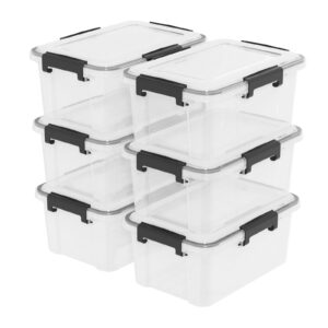 Drephia Set of 6 Weathertight 12 Quart Plastic Latching Box with Gasket Seal Lid, Clear Stackable Storage Container Tote Bin