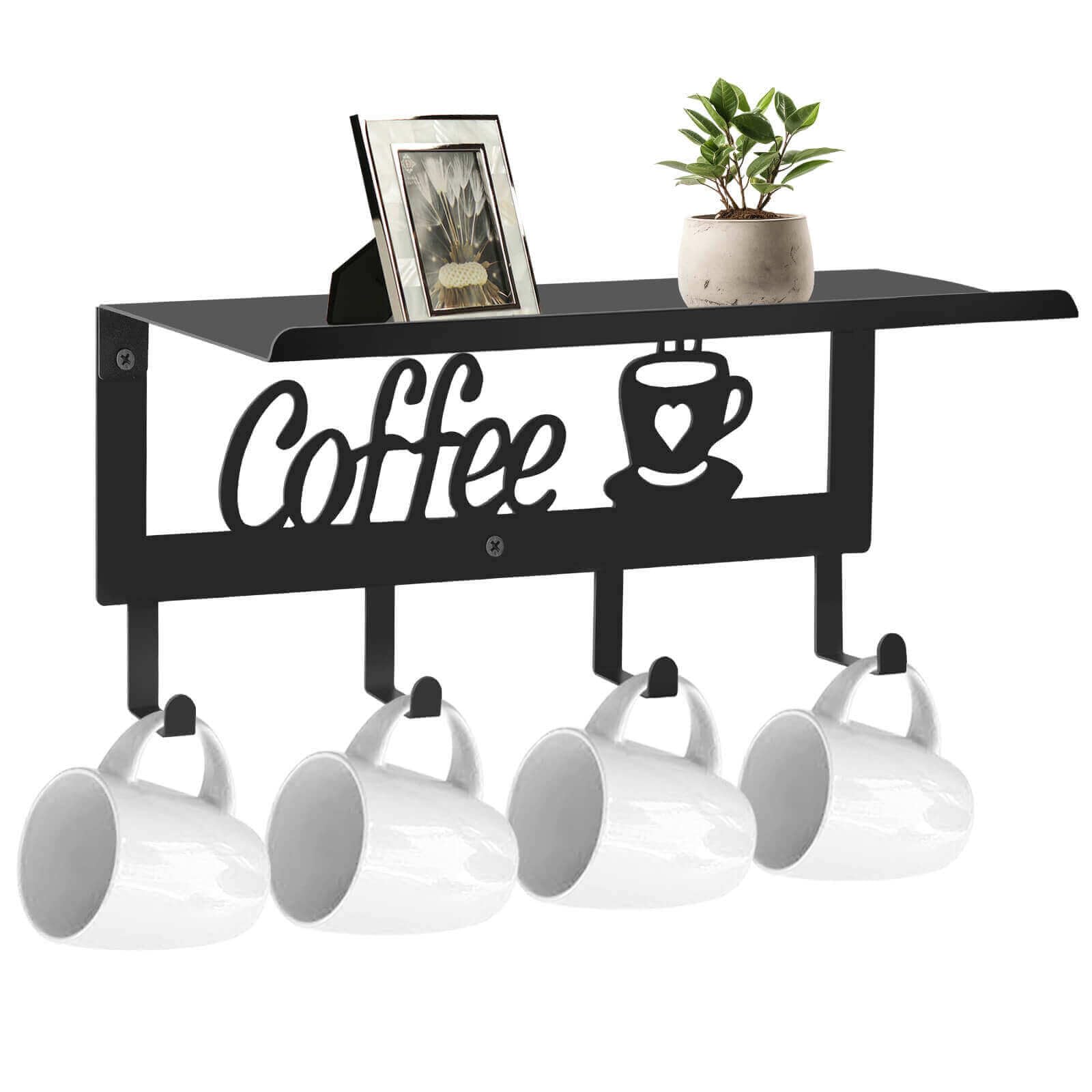 ArtHue Coffee Mug Holder Wall Mounted, Black Metal Coffee Cup Holder with 4 Hooks, Mug Rack Wall Mounted with Storage Shelf for Coffee Bar, Kitchen, Office, Farmhouse, Home Décor