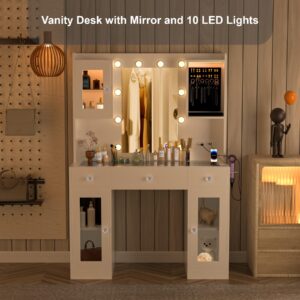 Jaojcoe Makeup Vanity Desk with RGB Lights, Vanity Table with Glass Tabletop & 3 Light Settings & Charging Station, 59inch Large Makeup Vanity for Bedroom