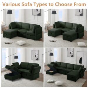 HZANHY Modular Sectional Sofa Couch with Storage Seat,Modern Linen Couch with Adjustable Arms and Backs Large Convertible Sofa with Ottoman for Living Room Apartment Office（Green 2seats+1Ottoman