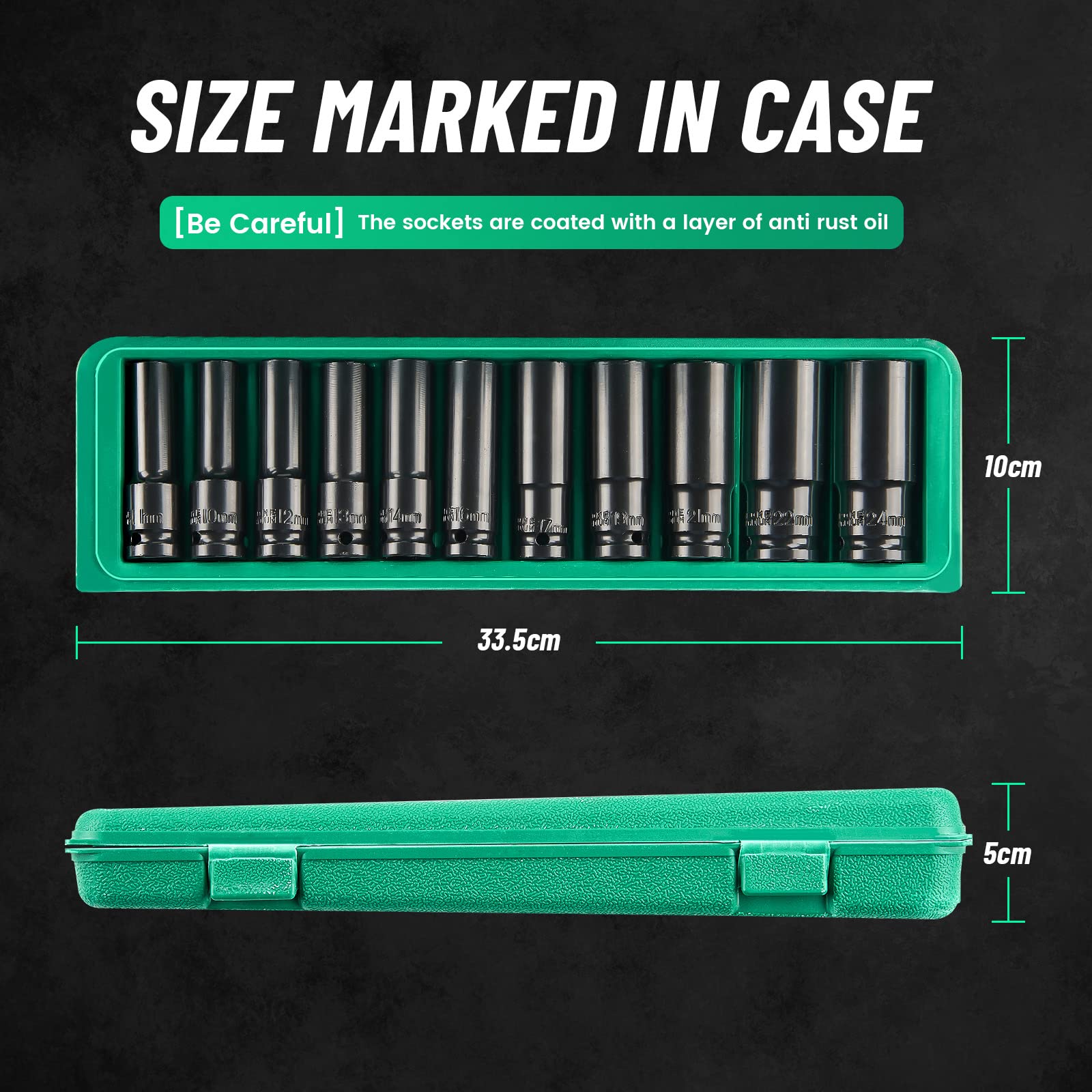 Seesii Professional Socket Set Wrench Kit, 11-Piece Metric 10-11-12-13-14-16-17-19-21-22-24mm, High-Torque C-V Steel Sockets for Automotive, Home Repair & DIY Projects