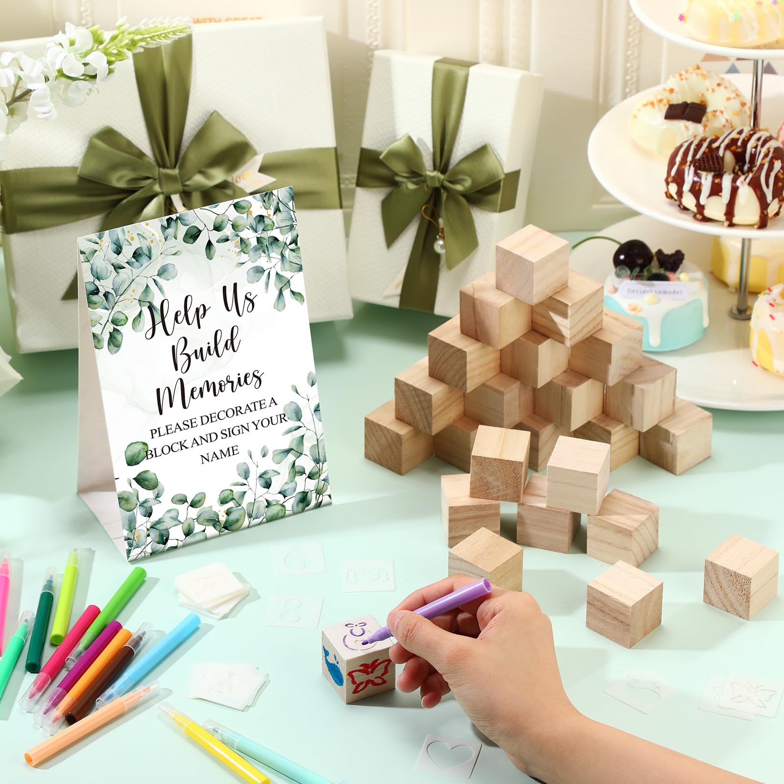 147 Pcs Baby Shower Blocks to Decorate Games Kit Includes Decorate a Block Game Sign 80 DIY Blank Wooden Block 42 Stencils 24 Marker Baby Shower Prize for Decoration Gender Reveal Baby Shower Games