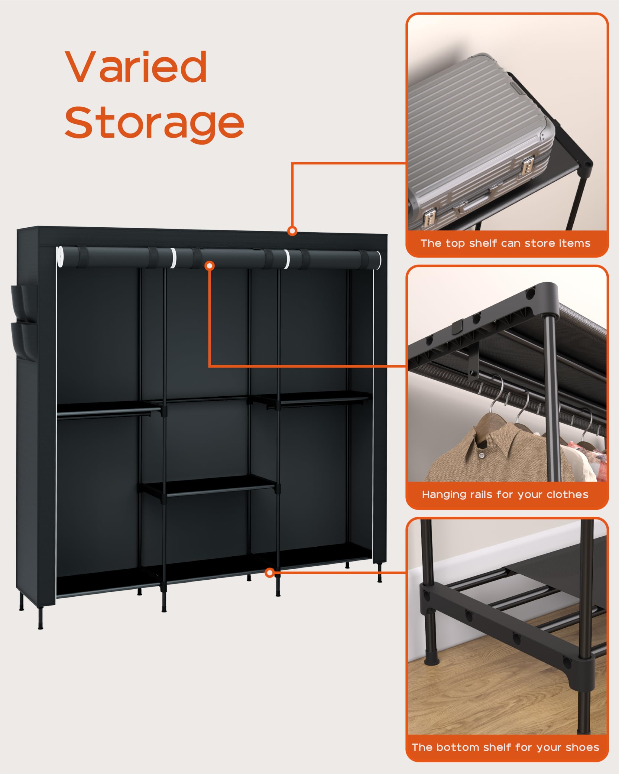 CASAMAYA Portable Closet, 81.5 Inch Extra Large Capacity Wardrobe Closet with Cover, Clothes Storage Organizer with Shelves and 5 Hanging Rods, Easy to Assembly, Black PCT136B01