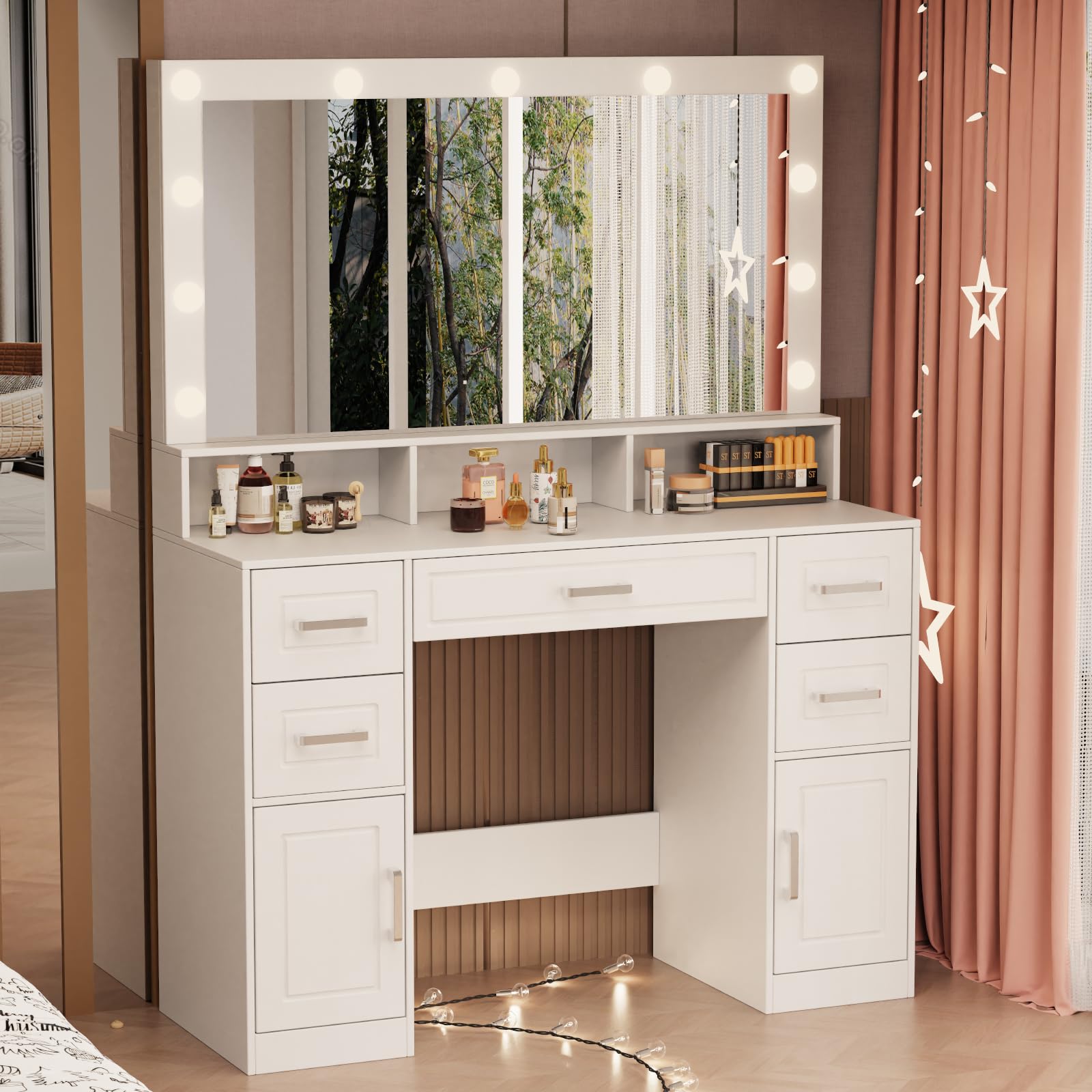 ISHARINGTIME 43.3" Vanity Desk with Large Lighted Mirror, Makeup Vanity with 5 Drawers & Power Outlet, 11 Lights, 3 Color Lighting Modes Adjustable Brightness, Dressing Table for Bedroom, White