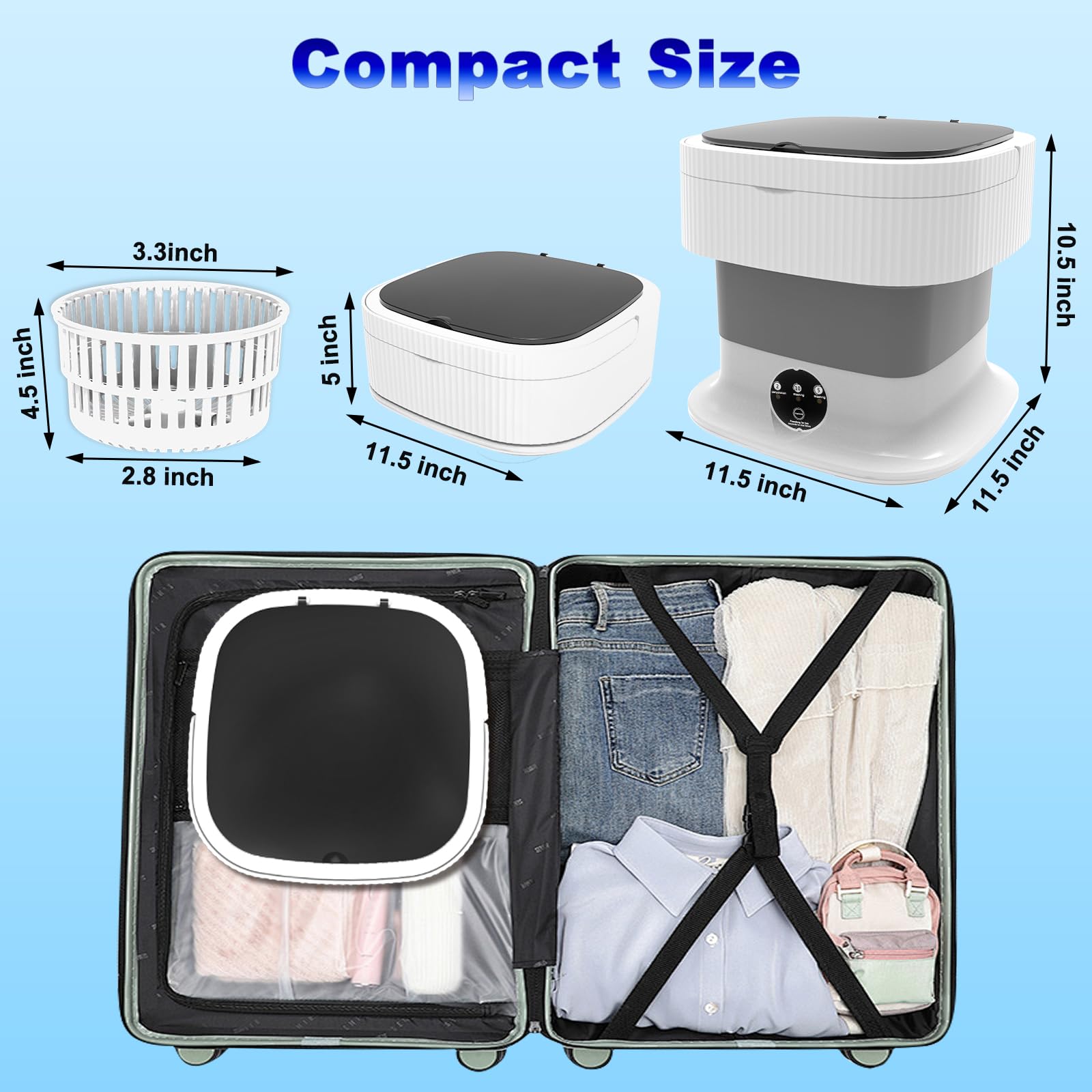 Portable Washing Machine, 12L Large Capacity & 60W, Foldable Mini Washer and Dryer, Compact Folding Small Laundry Washer, Socks, Baby Clothes, Underwear, Towel, Dorm, Camping, Apartment, Travel, Grey