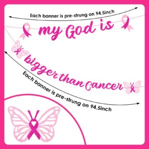 VorkiVecKi Breast Cancer Awareness Decorations - Survivor Party Banner Supplies 2Pcs My God is Bigger Than Cancer Garland Banners Decoration Hanging Ceiling Inspiration Decor for Women