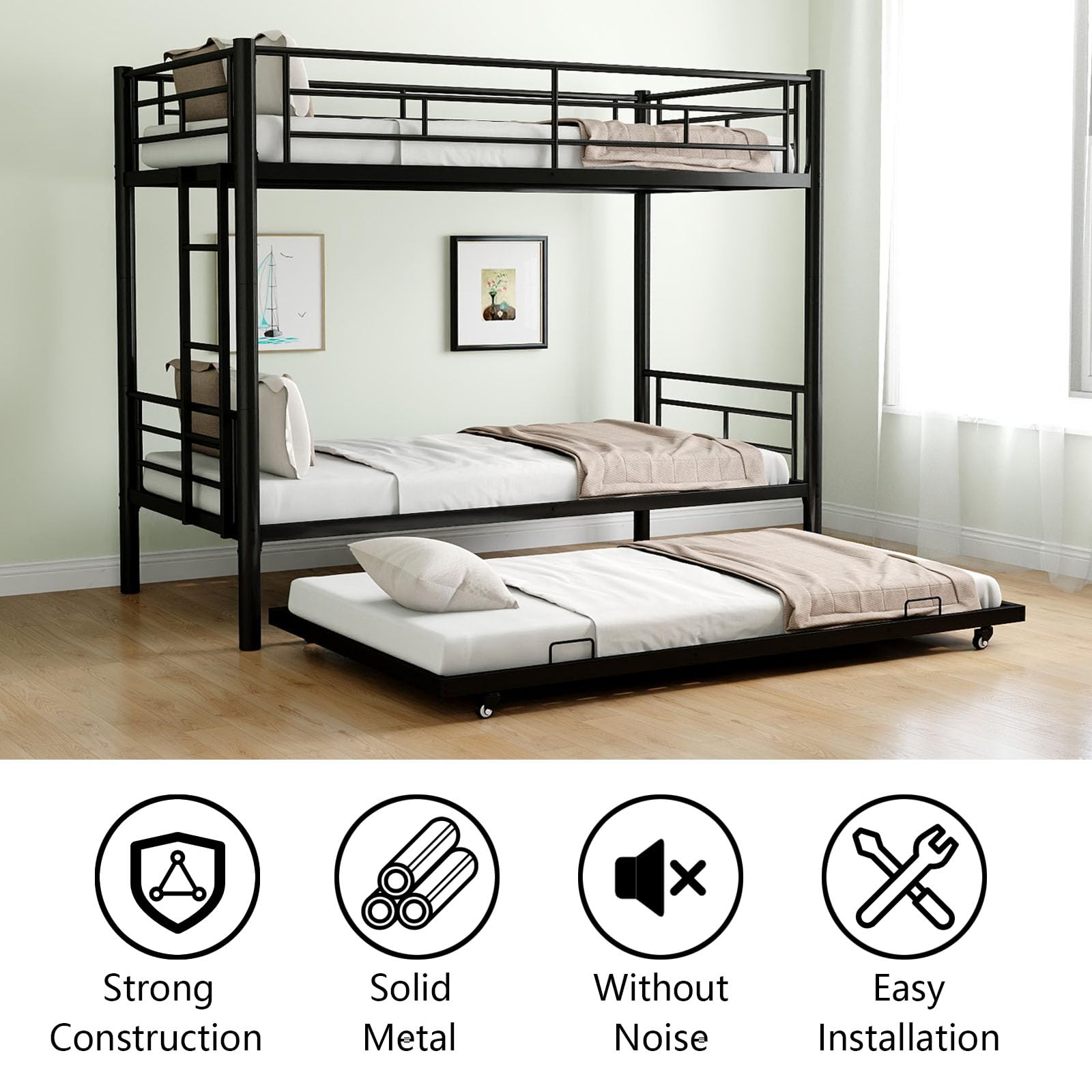 QSOSTNS Twin Over Twin Bunk Bed with Trundle, Heavy Duty Bunk Beds Frame with Side Ladders Convertible Bunkbed with Safety Guard Rails, No Box Spring Needed (Black)