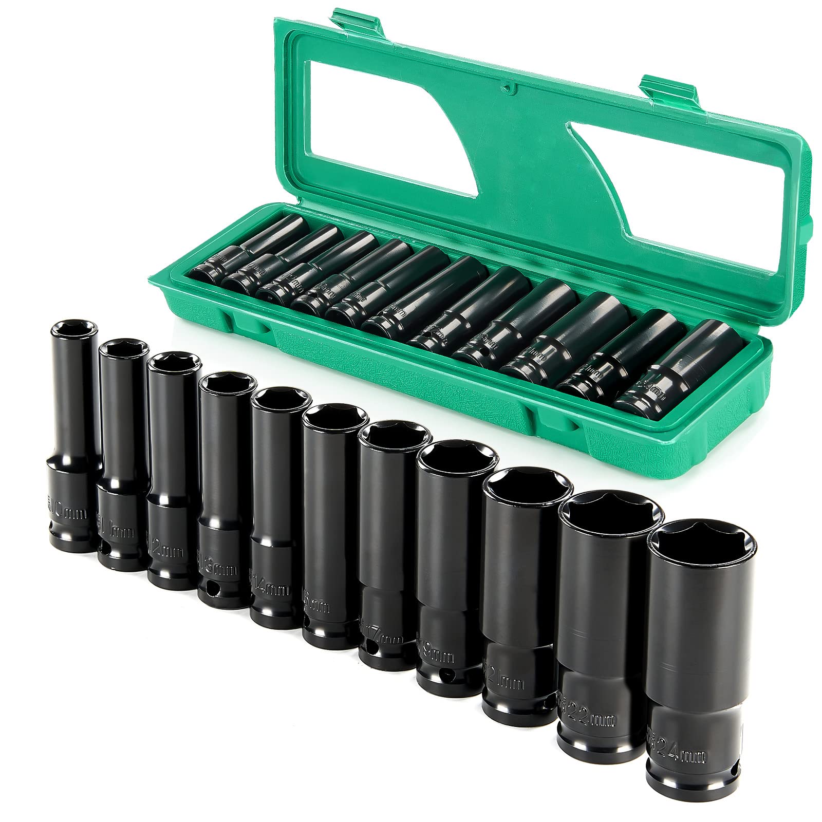 Seesii Professional Socket Set Wrench Kit, 11-Piece Metric 10-11-12-13-14-16-17-19-21-22-24mm, High-Torque C-V Steel Sockets for Automotive, Home Repair & DIY Projects