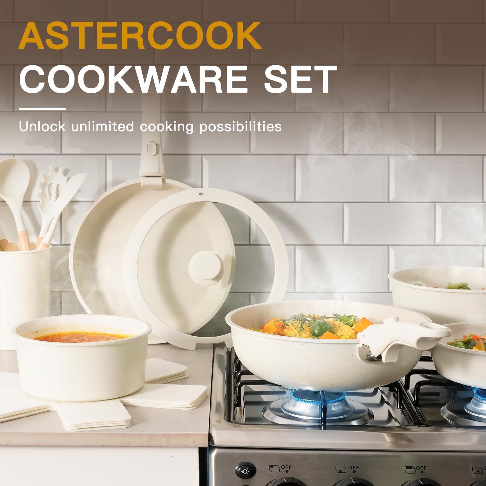 Astercook 21 Pcs Pots and Pans Set Non Stick, Ceramic Cookware Set Detachable Handle, RV Kitchen Cooking Set Removable Handles, Oven Safe, Induction Ready, Stackable Non-stick Set, Cream White