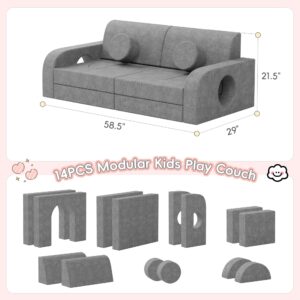 Betterhood 14pcs Modular Kids Play Couch, 1000+DIY Versatile Kids Couch Building Fort, Child Sectional Sofa for Playroom Bedroom, Convertible Foam Couch Sofa for Boys & Girls, Grey