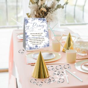 Guawubiang Bridal Shower Ring Game Card Set, 51Pcs Put a Ring on it Game Sign, Includes Ring Table Card and 50 Mini Silver Rings, Purple Floral Decoration Bridal Shower Party Supplies