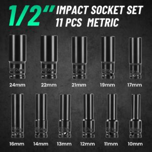 Seesii Professional Socket Set Wrench Kit, 11-Piece Metric 10-11-12-13-14-16-17-19-21-22-24mm, High-Torque C-V Steel Sockets for Automotive, Home Repair & DIY Projects