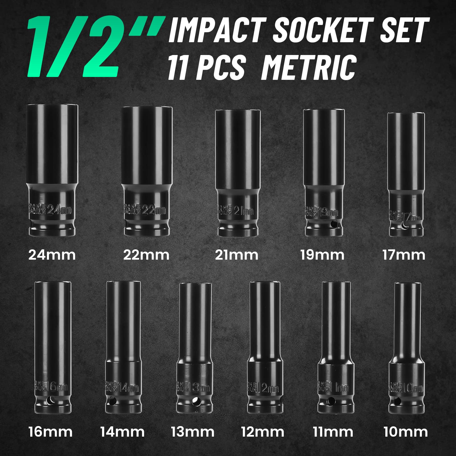 Seesii Professional Socket Set Wrench Kit, 11-Piece Metric 10-11-12-13-14-16-17-19-21-22-24mm, High-Torque C-V Steel Sockets for Automotive, Home Repair & DIY Projects