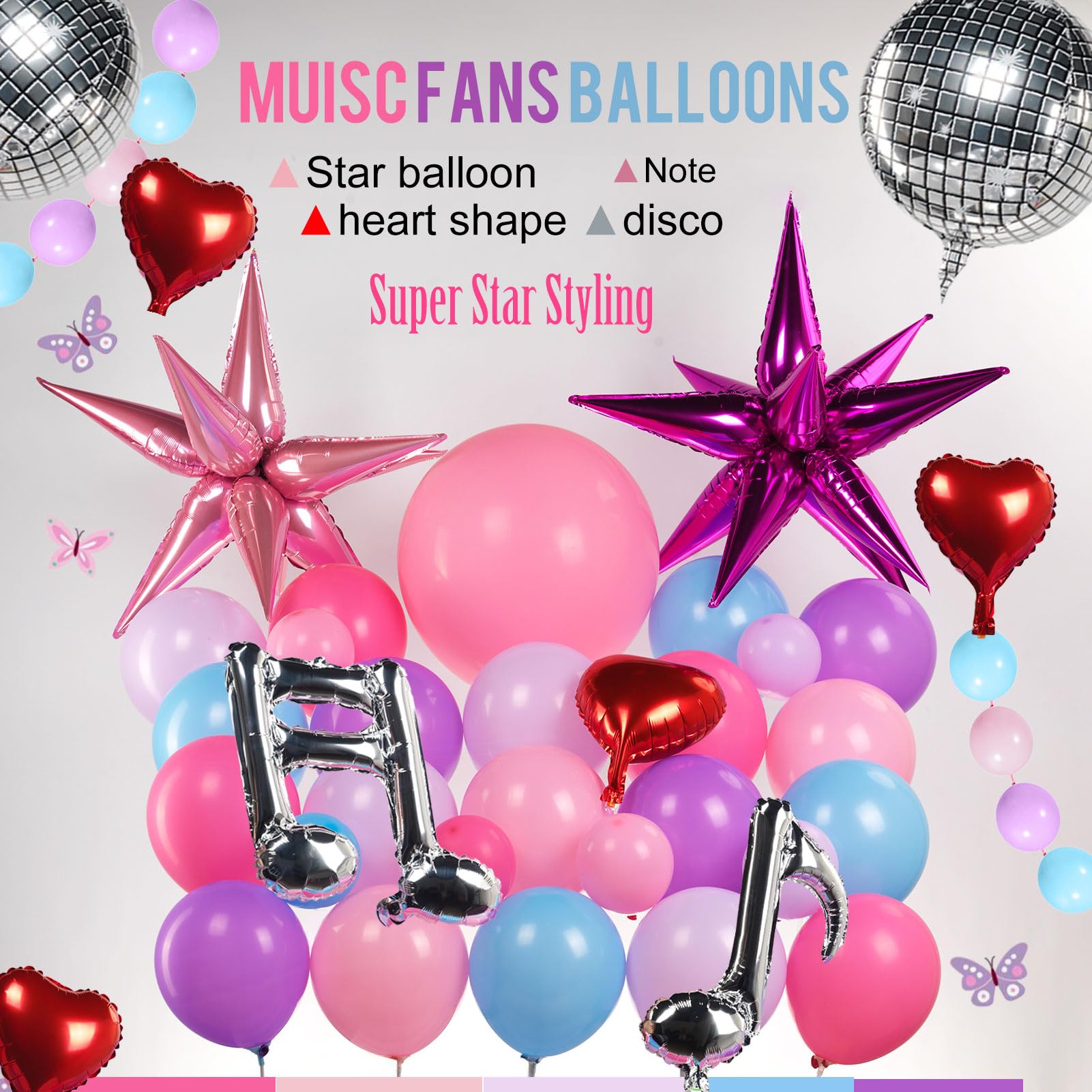 Pink purple blue music fans Balloon garland arch kit 140pcs disco ball Star mylar balloon & singer friendship Bracelets Shape balloons chain for girl sweet16 birthday Concert theme decorations