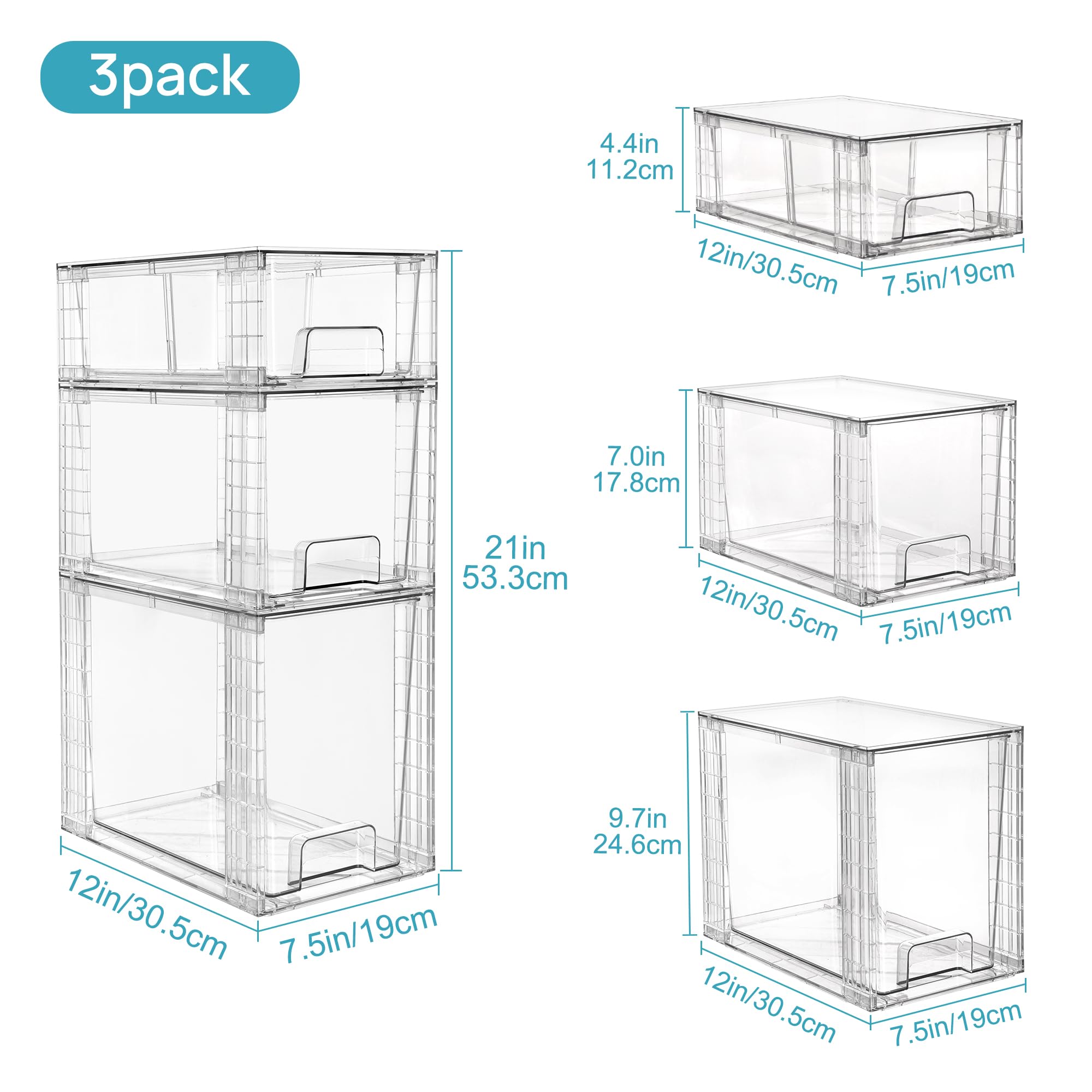 Vtopmart 3 Pack Clear Stackable Storage Drawers,Easy to Assemble Bathroom Organizers and Storage with handles,Plastic storage drawers for Kitchen Pantry,Cabinet,Under Sink Organization