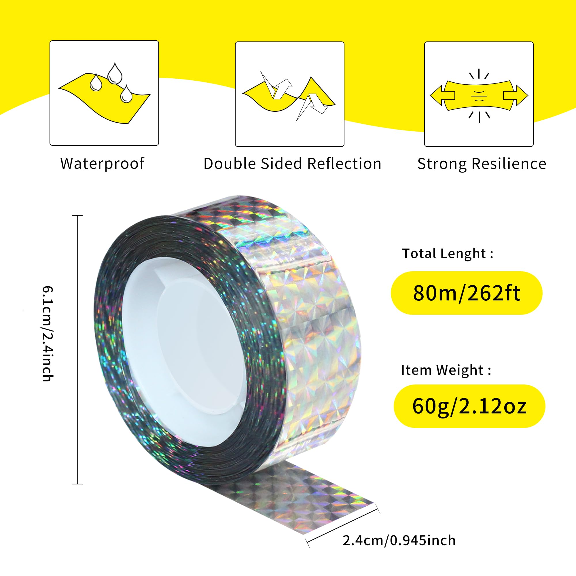 KOKMEYA Bird Scare Tapes 262FT*1 Reflective Flash Tape for Birds, Bird Scare Device Double Side Ribbon Scare Birds Away for House, Garden, Yard, Orchard, Patio, Outdoor