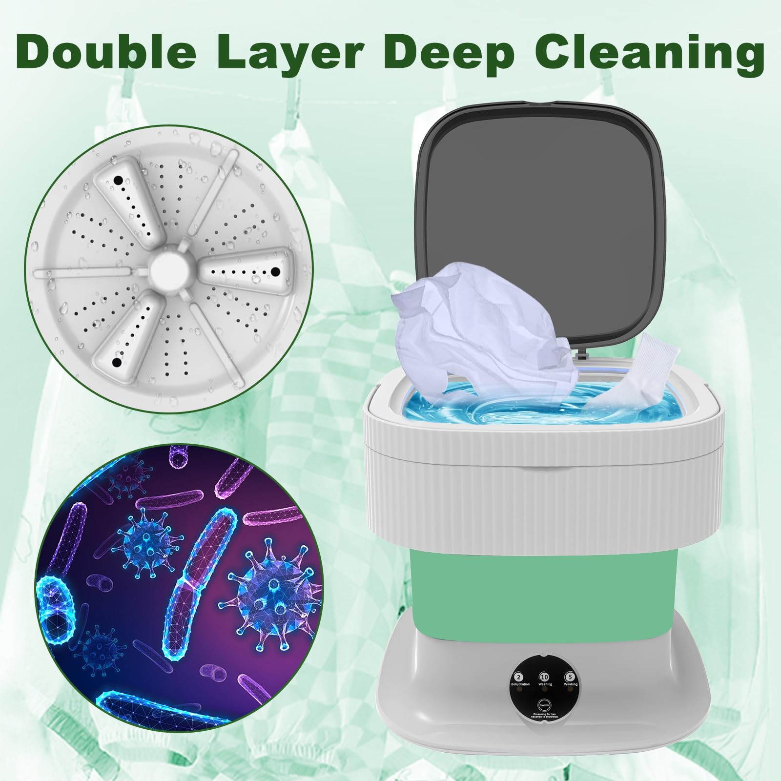 Portable Washing Machine, 12L Large Capacity, Foldable Mini Washer and Dryer, Compact Folding Small Laundry Washer for Socks, Baby Clothes, Underwear, Towel, Dorm, Camping Apartment, Travel, Green