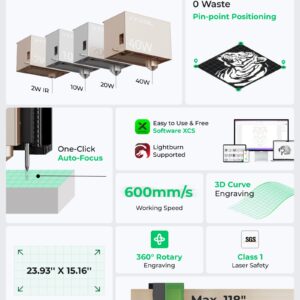 xTool S1 40W Laser Cutter and Engraver Machine, with Auto Conveyor Feeder, 118'' Long Crafts, 600mm/s Speed, Laser Engraver for Tumblers Wood and Metal, Acrylic, etc. - Deluxe Bundle