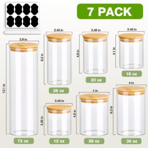 Meolibour 7 Pack Thicker Glass Food Storage Jars with Airtight Bamboo Lids, Clear Glass Storage Containers, Glass Canisters Set for Pasta, Nuts, Coffee Beans, Kitchen Pantry Organization Jar, BPA Free