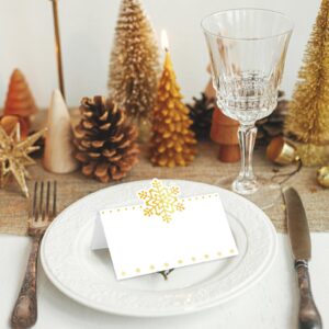 Whaline 100Pcs Christmas Place Cards 3.5 x 2 Inch Gold Snowflake Blank Tented Cards Seating Name Cards for Xmas Winter Party Table Setting Supplies