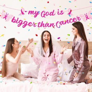 VorkiVecKi Breast Cancer Awareness Decorations - Survivor Party Banner Supplies 2Pcs My God is Bigger Than Cancer Garland Banners Decoration Hanging Ceiling Inspiration Decor for Women