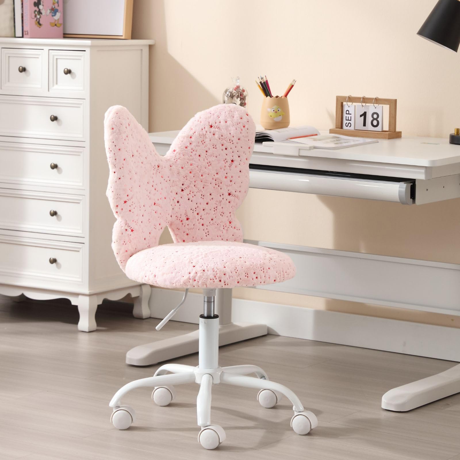 DAYALANE Butterfly Kids Desk Chair with Wheels, Faux Fur Study Chair for Girls, Adjustable Cute Kids Chair Swivel Upholstered Task Chair Rolling Desk Chair for Bedroom/Reading, Pink